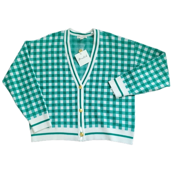 Marled Sweaters - Marled Green Checkered Gold Button Cardigan Size XL